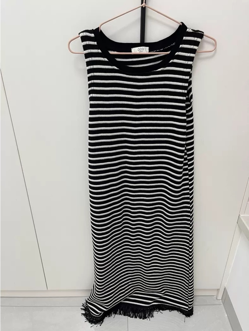 Sleeveless Black and White Striped Knit Dress